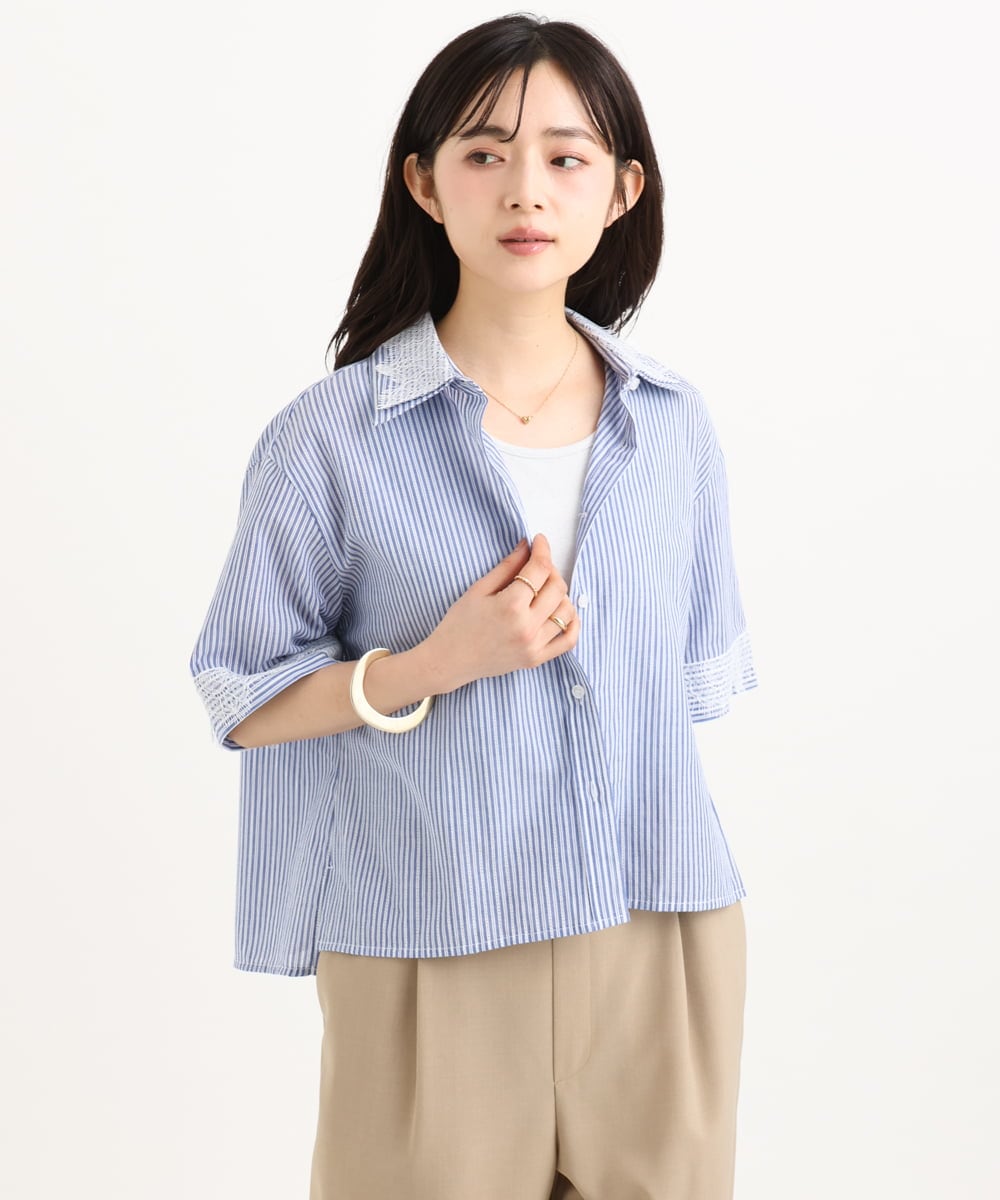 F1BGD50160 MK MICHEL KLEIN(小さいサイズ) 【小さいサイズ】[洗える]ストライプレース五分袖シャツブラウス