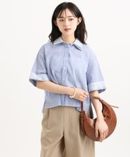 F1BGD50160 MK MICHEL KLEIN(小さいサイズ)(メゾン ドゥ サンク) 【小さいサイズ】[洗える]ストライプレース五分袖シャツブラウス ブルー