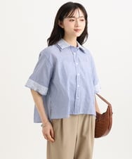F1BGD50160 MK MICHEL KLEIN(小さいサイズ)(メゾン ドゥ サンク) 【小さいサイズ】[洗える]ストライプレース五分袖シャツブラウス ブルー