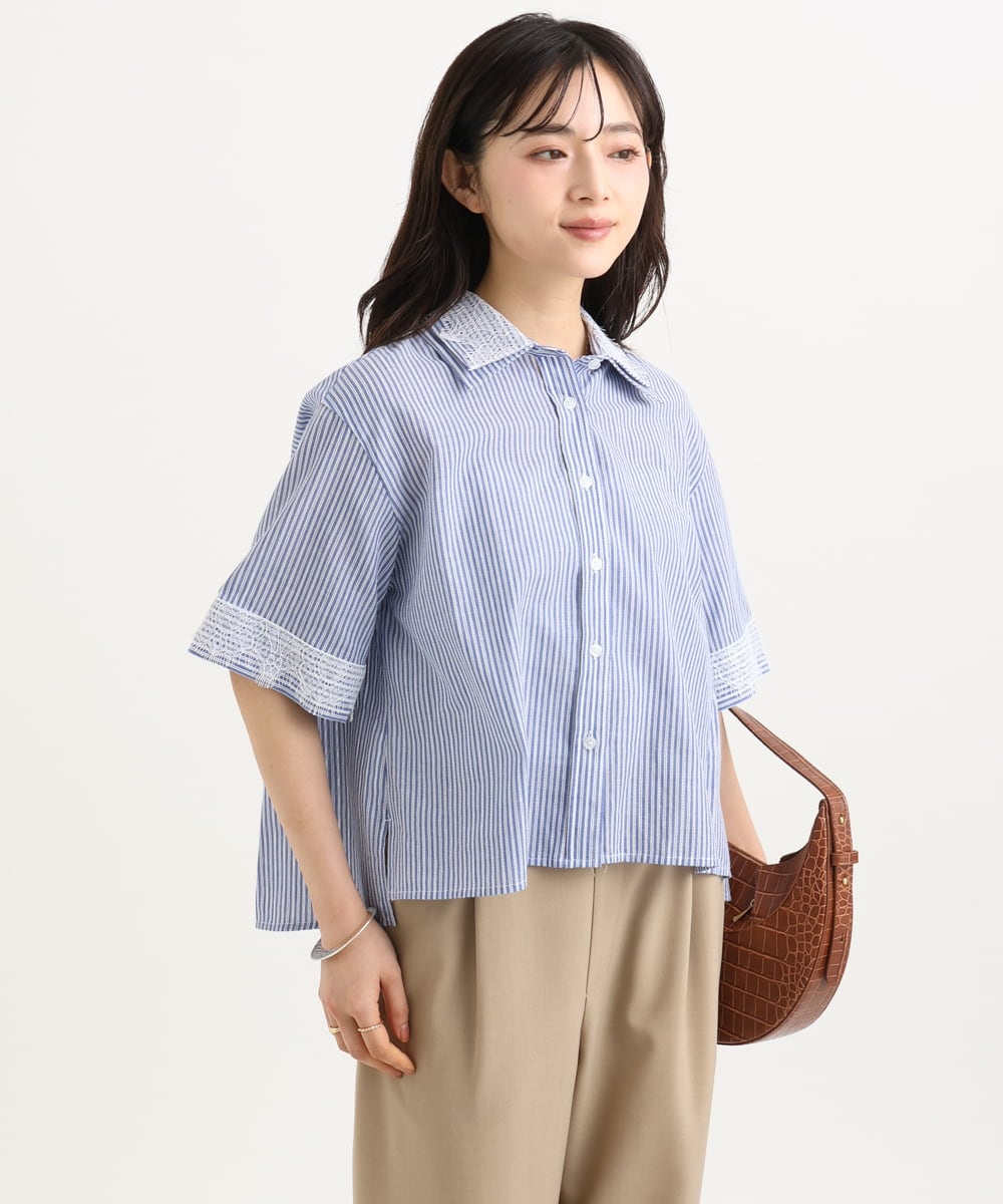 F1BGD50160 MK MICHEL KLEIN(小さいサイズ)(メゾン ドゥ サンク) 【小さいサイズ】[洗える]ストライプレース五分袖シャツブラウス ブルー