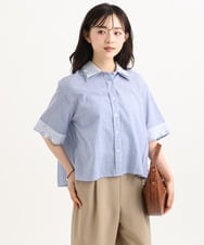 F1BGD50160 MK MICHEL KLEIN(小さいサイズ)(メゾン ドゥ サンク) 【小さいサイズ】[洗える]ストライプレース五分袖シャツブラウス ブルー