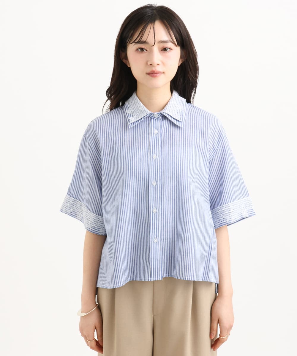 F1BGD50160 MK MICHEL KLEIN(小さいサイズ)(メゾン ドゥ サンク) 【小さいサイズ】[洗える]ストライプレース五分袖シャツブラウス ブルー