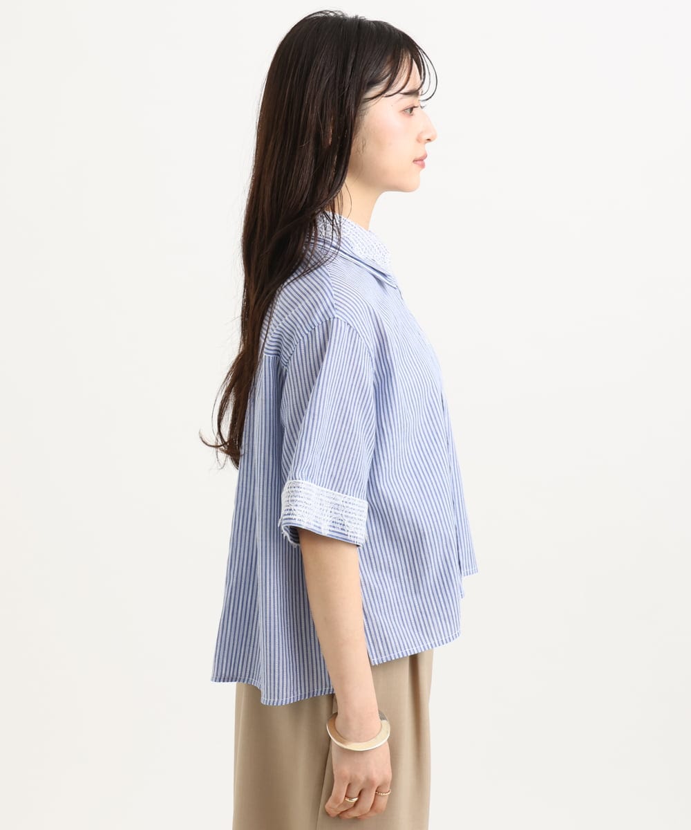 F1BGD50160 MK MICHEL KLEIN(小さいサイズ)(メゾン ドゥ サンク) 【小さいサイズ】[洗える]ストライプレース五分袖シャツブラウス ブルー
