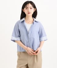 F1BGD50160 MK MICHEL KLEIN(小さいサイズ)(メゾン ドゥ サンク) 【小さいサイズ】[洗える]ストライプレース五分袖シャツブラウス ブルー
