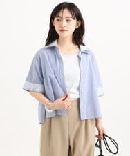 F1BGD50160 MK MICHEL KLEIN(小さいサイズ)(メゾン ドゥ サンク) 【小さいサイズ】[洗える]ストライプレース五分袖シャツブラウス ブルー
