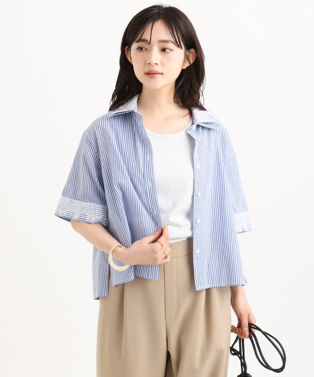 F1BGD50160 MK MICHEL KLEIN(小さいサイズ)(メゾン ドゥ サンク) 【小さいサイズ】[洗える]ストライプレース五分袖シャツブラウス ブルー