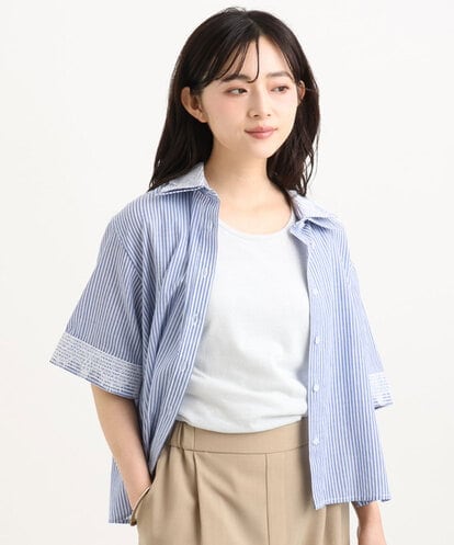 F1BGD50160 MK MICHEL KLEIN(小さいサイズ) 【小さいサイズ】[洗える]ストライプレース五分袖シャツブラウス