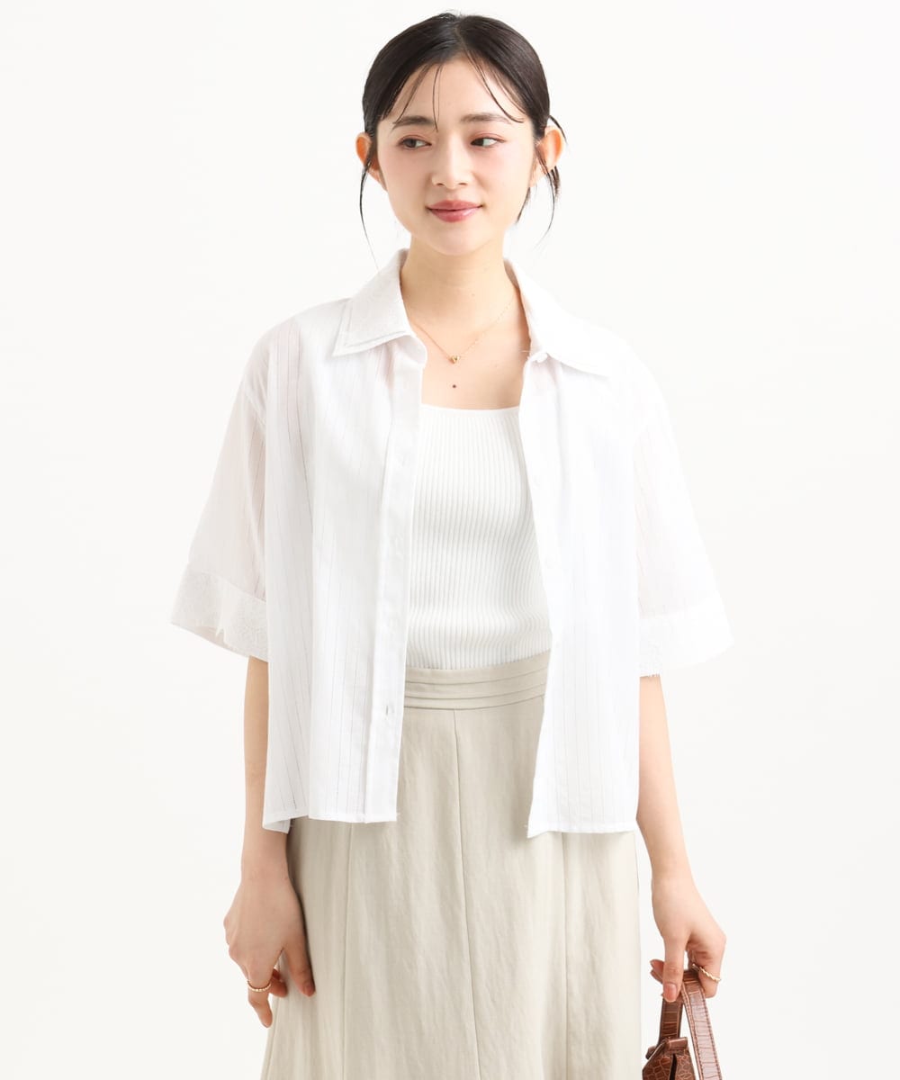 F1BGD50160 MK MICHEL KLEIN(小さいサイズ)(メゾン ドゥ サンク) 【小さいサイズ】[洗える]ストライプレース五分袖シャツブラウス ブルー