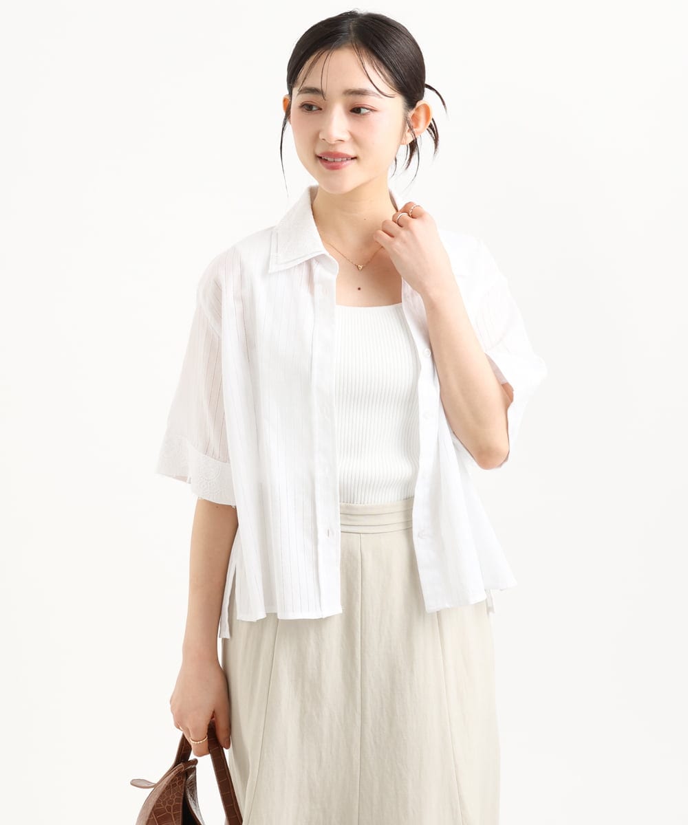 F1BGD50160 MK MICHEL KLEIN(小さいサイズ)(メゾン ドゥ サンク) 【小さいサイズ】[洗える]ストライプレース五分袖シャツブラウス ブルー