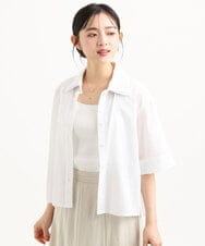 F1BGD50160 MK MICHEL KLEIN(小さいサイズ)(メゾン ドゥ サンク) 【小さいサイズ】[洗える]ストライプレース五分袖シャツブラウス ホワイト
