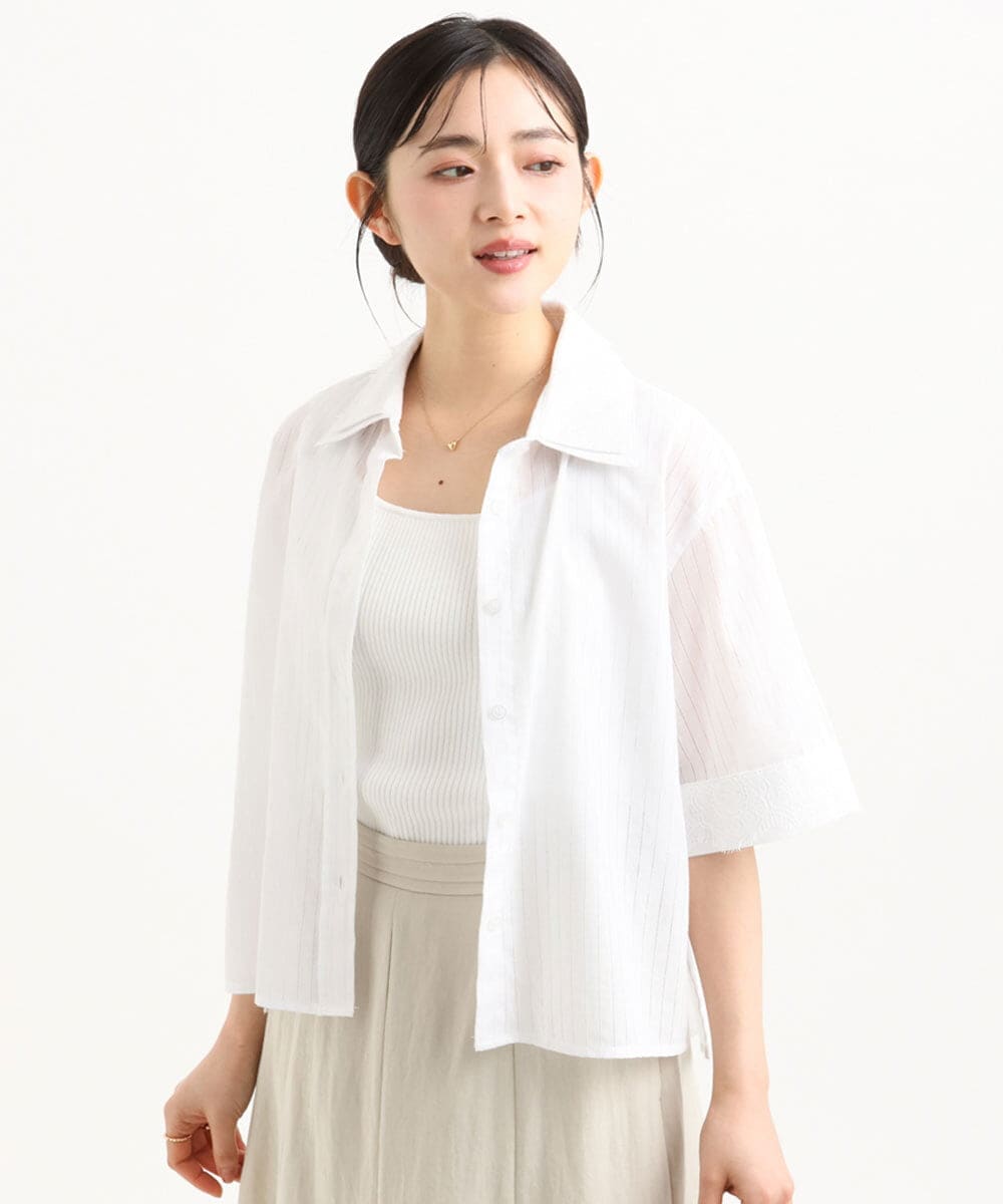 F1BGD50160 MK MICHEL KLEIN(小さいサイズ)(メゾン ドゥ サンク) 【小さいサイズ】[洗える]ストライプレース五分袖シャツブラウス ホワイト