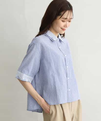 F1BGD50160 MK MICHEL KLEIN(小さいサイズ) 【小さいサイズ】[洗える]ストライプレース五分袖シャツブラウス