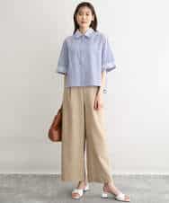 F1BGD50160 MK MICHEL KLEIN(小さいサイズ)(メゾン ドゥ サンク) 【小さいサイズ】[洗える]ストライプレース五分袖シャツブラウス ブルー