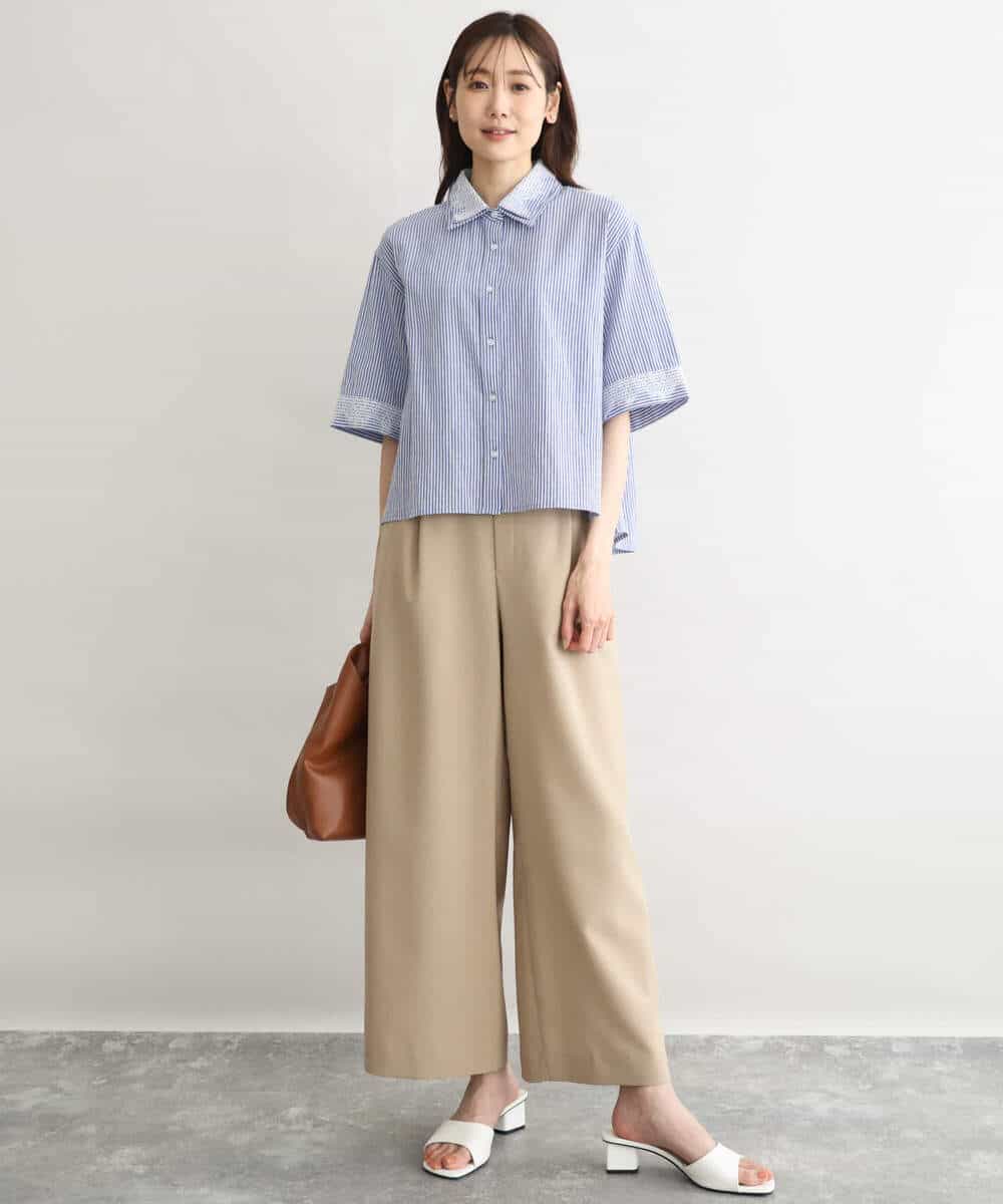 F1BGD50160 MK MICHEL KLEIN(小さいサイズ)(メゾン ドゥ サンク) 【小さいサイズ】[洗える]ストライプレース五分袖シャツブラウス ブルー