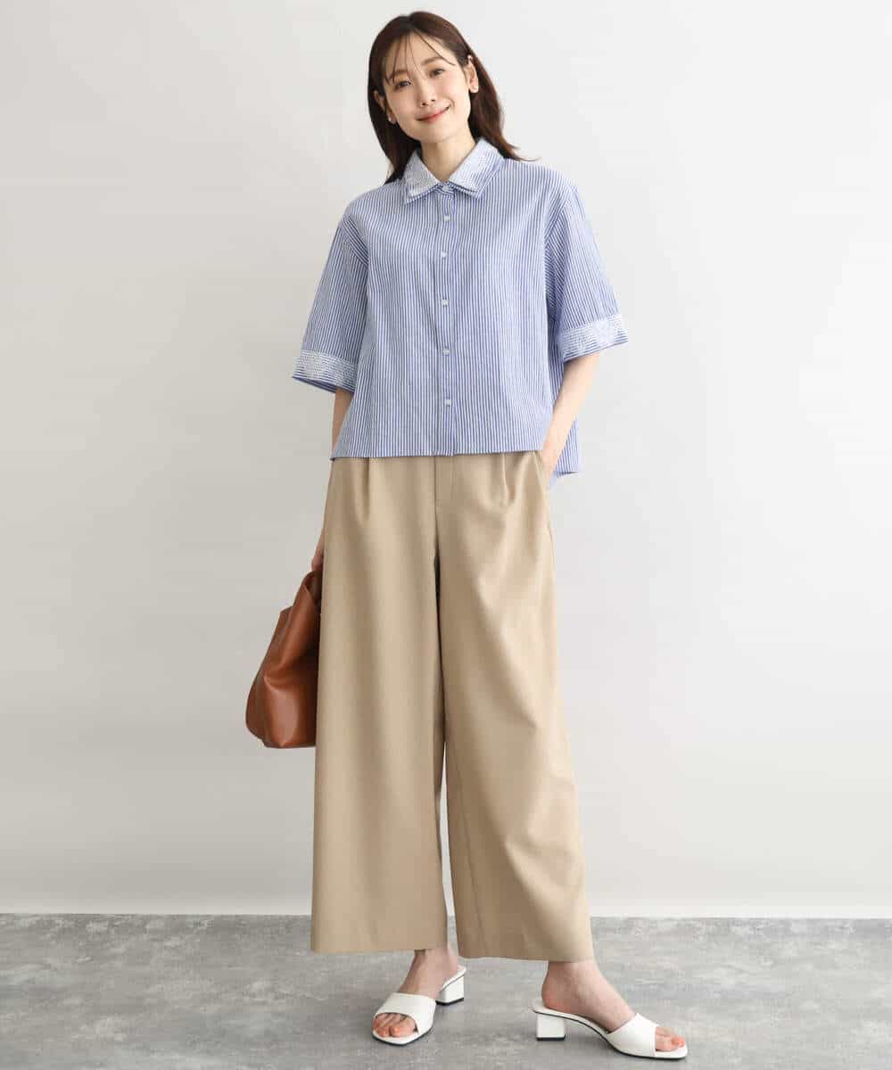 F1BGD50160 MK MICHEL KLEIN(小さいサイズ)(メゾン ドゥ サンク) 【小さいサイズ】[洗える]ストライプレース五分袖シャツブラウス ブルー