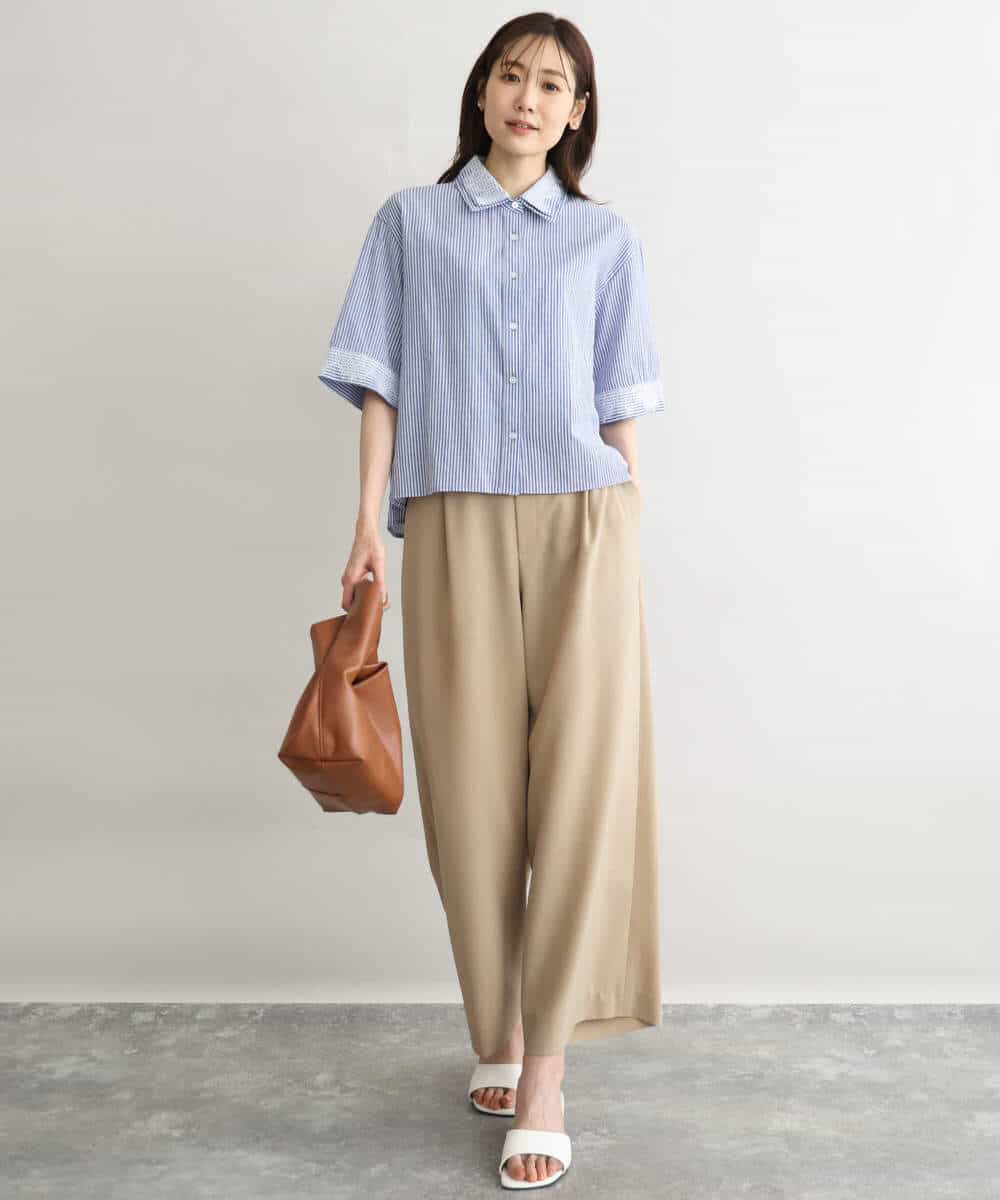 F1BGD50160 MK MICHEL KLEIN(小さいサイズ)(メゾン ドゥ サンク) 【小さいサイズ】[洗える]ストライプレース五分袖シャツブラウス ブルー