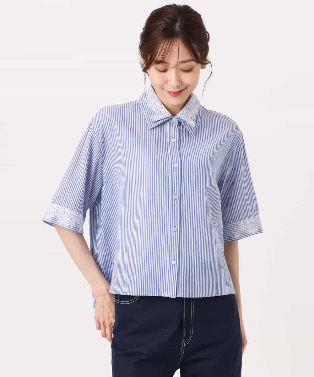 F1BGD50160 MK MICHEL KLEIN(小さいサイズ)(メゾン ドゥ サンク) 【小さいサイズ】[洗える]ストライプレース五分袖シャツブラウス ブルー