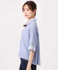 F1BGD50160 MK MICHEL KLEIN(小さいサイズ)(メゾン ドゥ サンク) 【小さいサイズ】[洗える]ストライプレース五分袖シャツブラウス ブルー