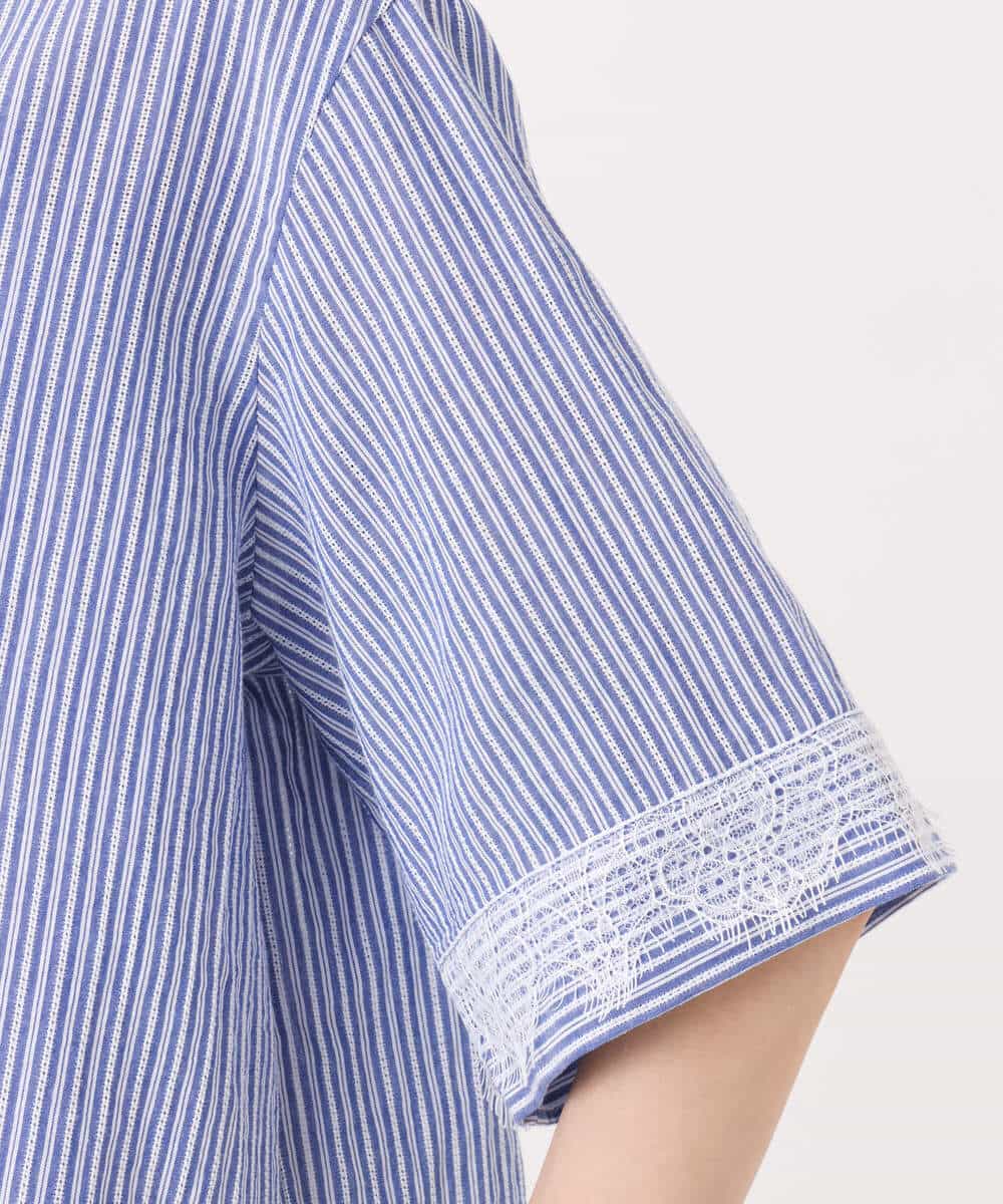 F1BGD50160 MK MICHEL KLEIN(小さいサイズ)(メゾン ドゥ サンク) 【小さいサイズ】[洗える]ストライプレース五分袖シャツブラウス ブルー