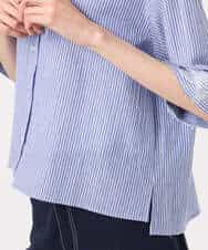 F1BGD50160 MK MICHEL KLEIN(小さいサイズ)(メゾン ドゥ サンク) 【小さいサイズ】[洗える]ストライプレース五分袖シャツブラウス ブルー