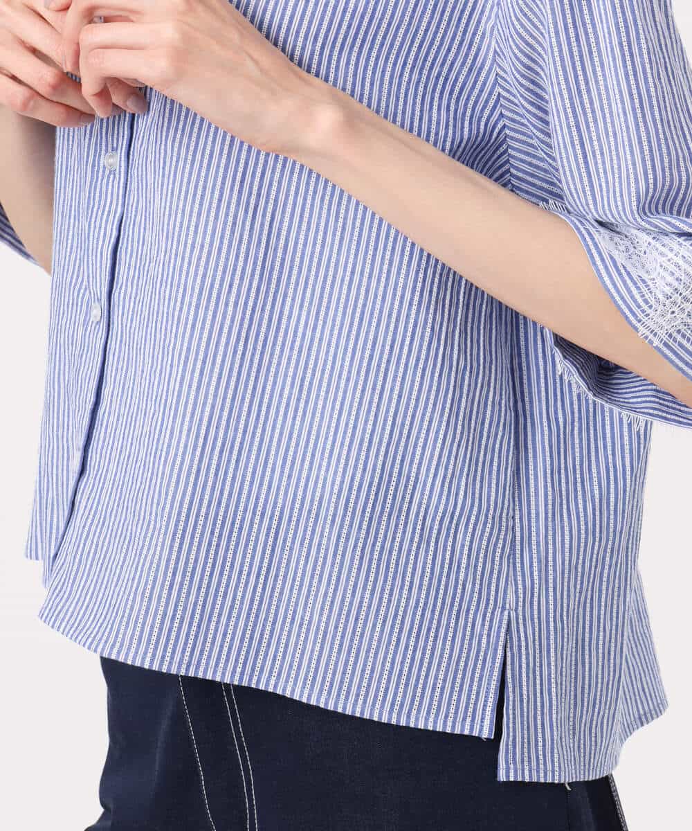 F1BGD50160 MK MICHEL KLEIN(小さいサイズ)(メゾン ドゥ サンク) 【小さいサイズ】[洗える]ストライプレース五分袖シャツブラウス ブルー