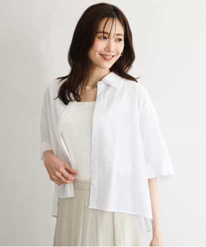 F1BGD50160 MK MICHEL KLEIN(小さいサイズ) 【小さいサイズ】[洗える]ストライプレース五分袖シャツブラウス