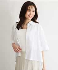 F1BGD50160 MK MICHEL KLEIN(小さいサイズ)(メゾン ドゥ サンク) 【小さいサイズ】[洗える]ストライプレース五分袖シャツブラウス ホワイト