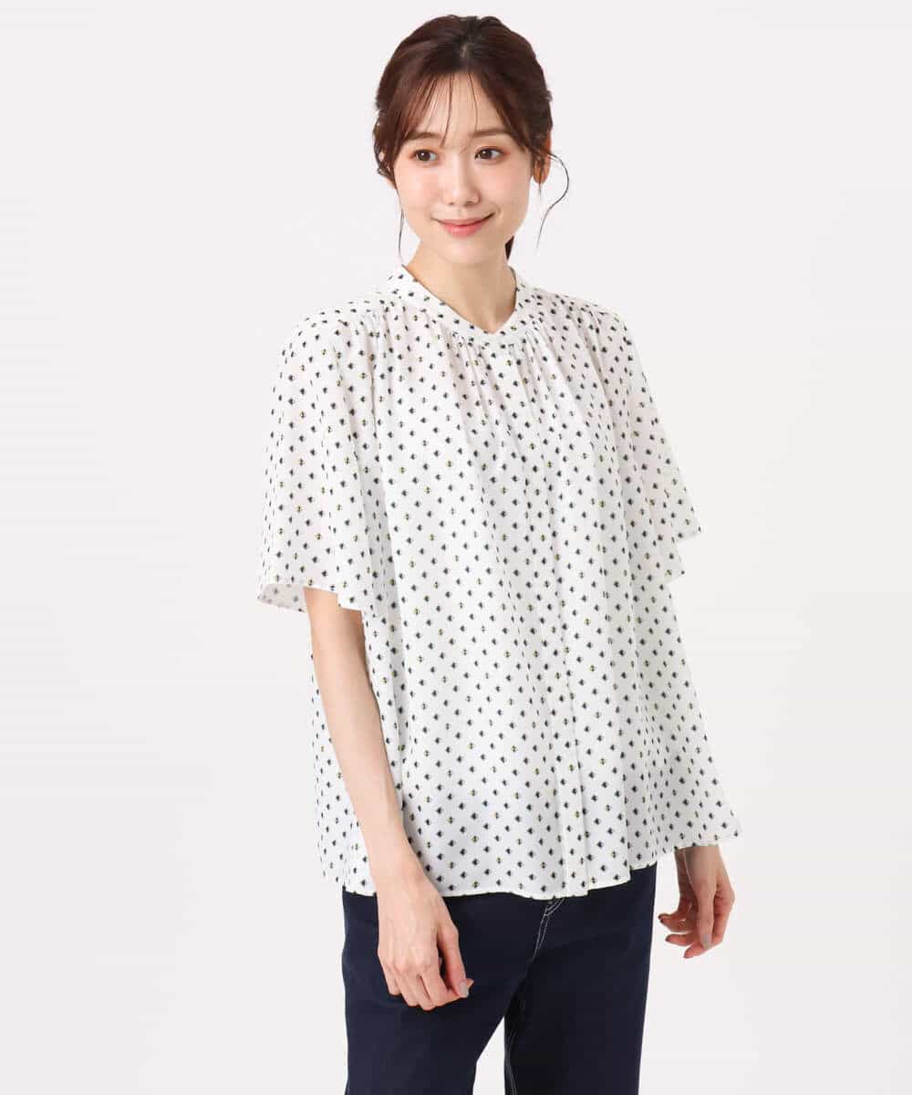 F1BGD51150 MK MICHEL KLEIN(小さいサイズ)(メゾン ドゥ サンク) 【小さいサイズ】[UVカット/接触冷感/洗濯機で洗える]フレアスリーブ幾何柄ブラウス ネイビー