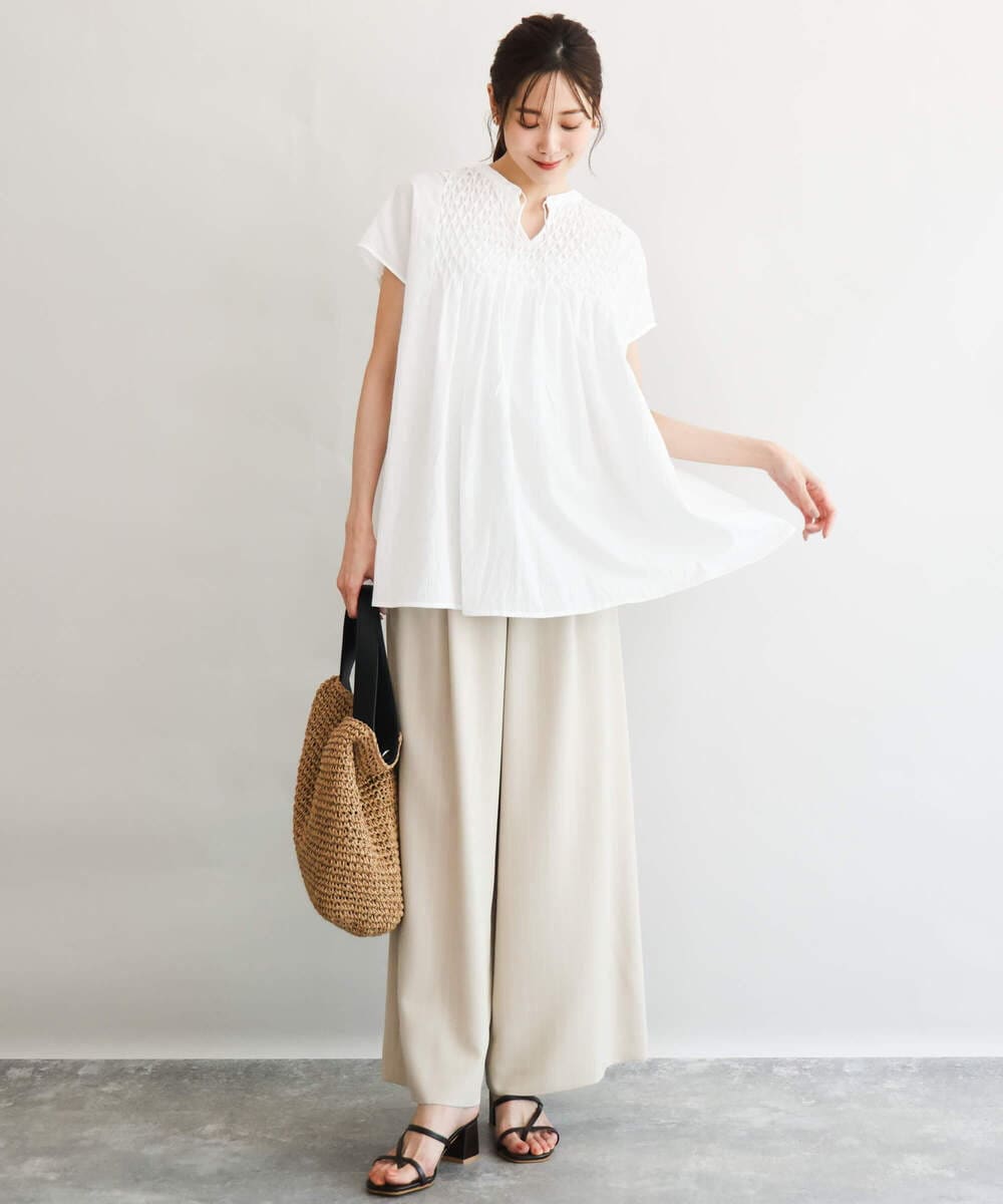 F1BGD52170 MK MICHEL KLEIN(小さいサイズ)(メゾン ドゥ サンク) 【小さいサイズ】[洗える]ハンドスモッキングブラウス ホワイト