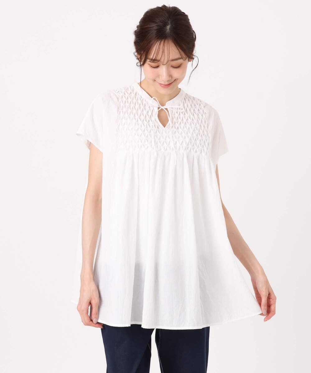 F1BGD52170 MK MICHEL KLEIN(小さいサイズ)(メゾン ドゥ サンク) 【小さいサイズ】[洗える]ハンドスモッキングブラウス ホワイト