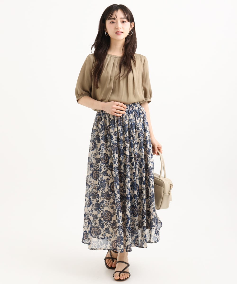 F1BGD53140 MK MICHEL KLEIN(小さいサイズ)(メゾン ドゥ サンク) 【小さいサイズ】[UVカット/接触冷感/洗える]サテン フロントタックデザインブラウス ベージュ