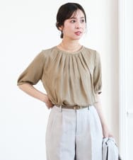 F1BGD53140 MK MICHEL KLEIN(小さいサイズ)(メゾン ドゥ サンク) 【小さいサイズ】[UVカット/接触冷感/洗える]サテン フロントタックデザインブラウス ベージュ