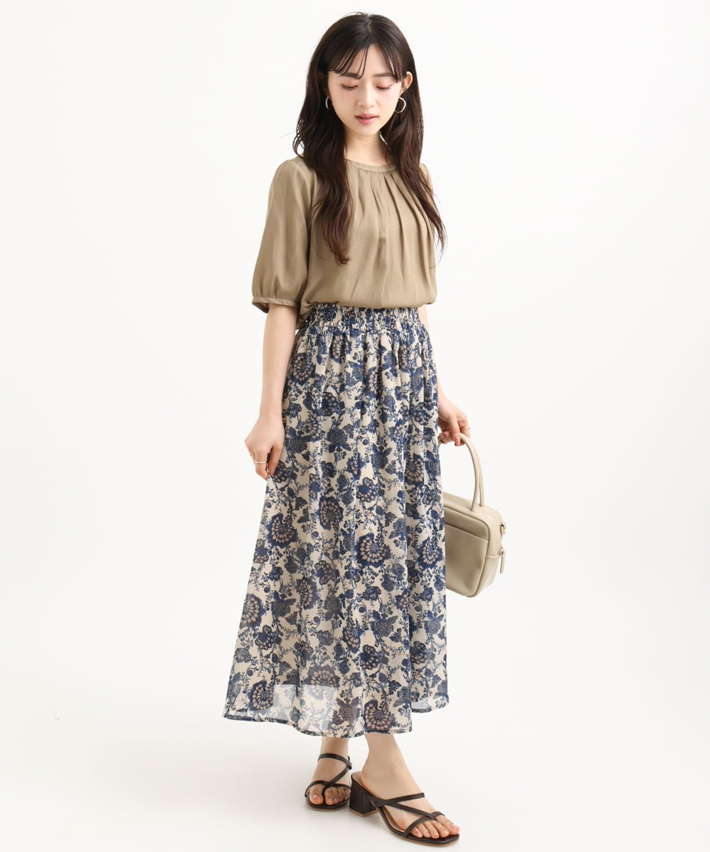 F1BGD53140 MK MICHEL KLEIN(小さいサイズ)(メゾン ドゥ サンク) 【小さいサイズ】[UVカット/接触冷感/洗える]サテン フロントタックデザインブラウス ベージュ