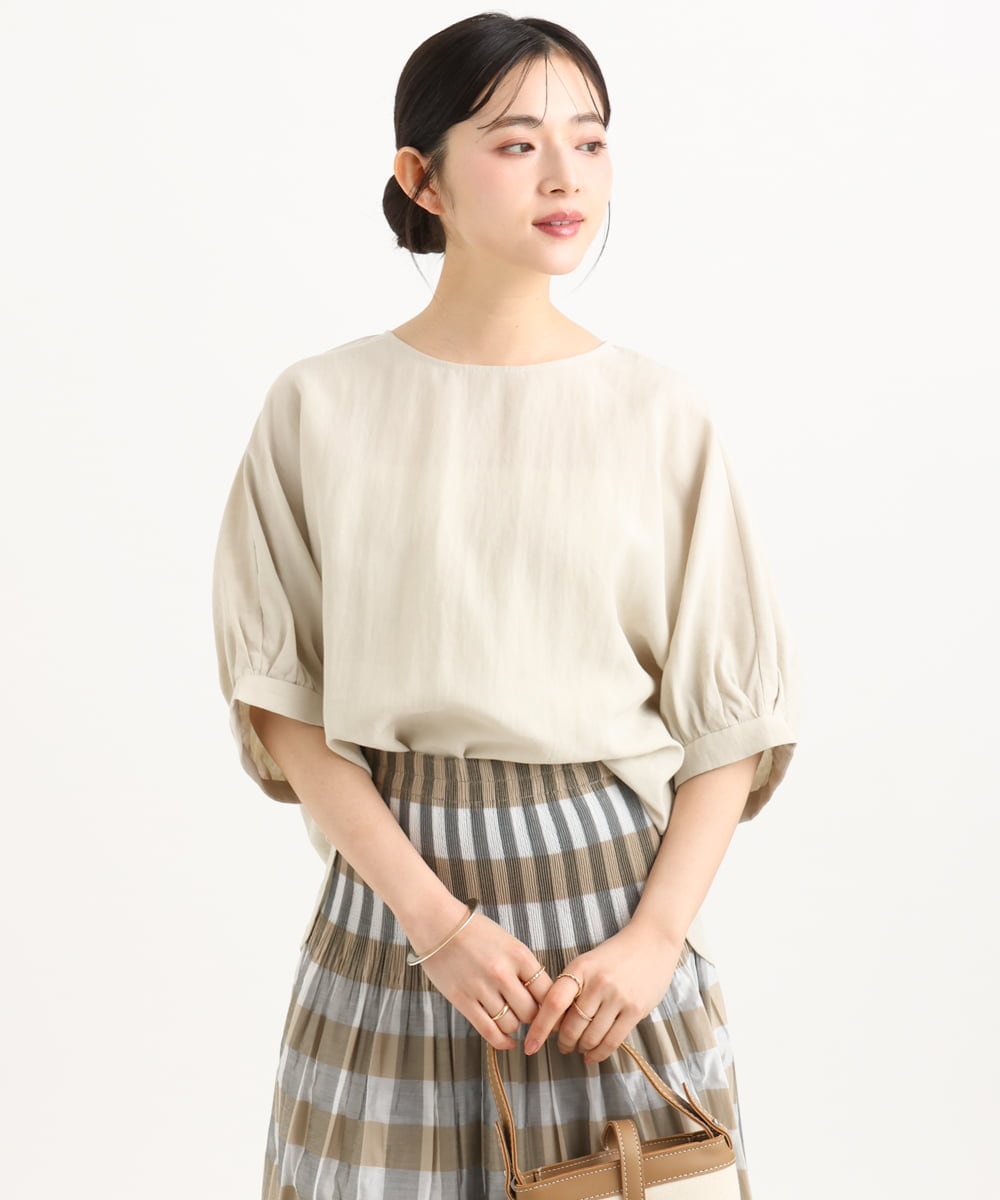 F1BGD55150 MK MICHEL KLEIN(小さいサイズ)(メゾン ドゥ サンク) 【小さいサイズ】[UVカット/接触冷感/洗える]ボリュームスリーブブラウス ベージュ