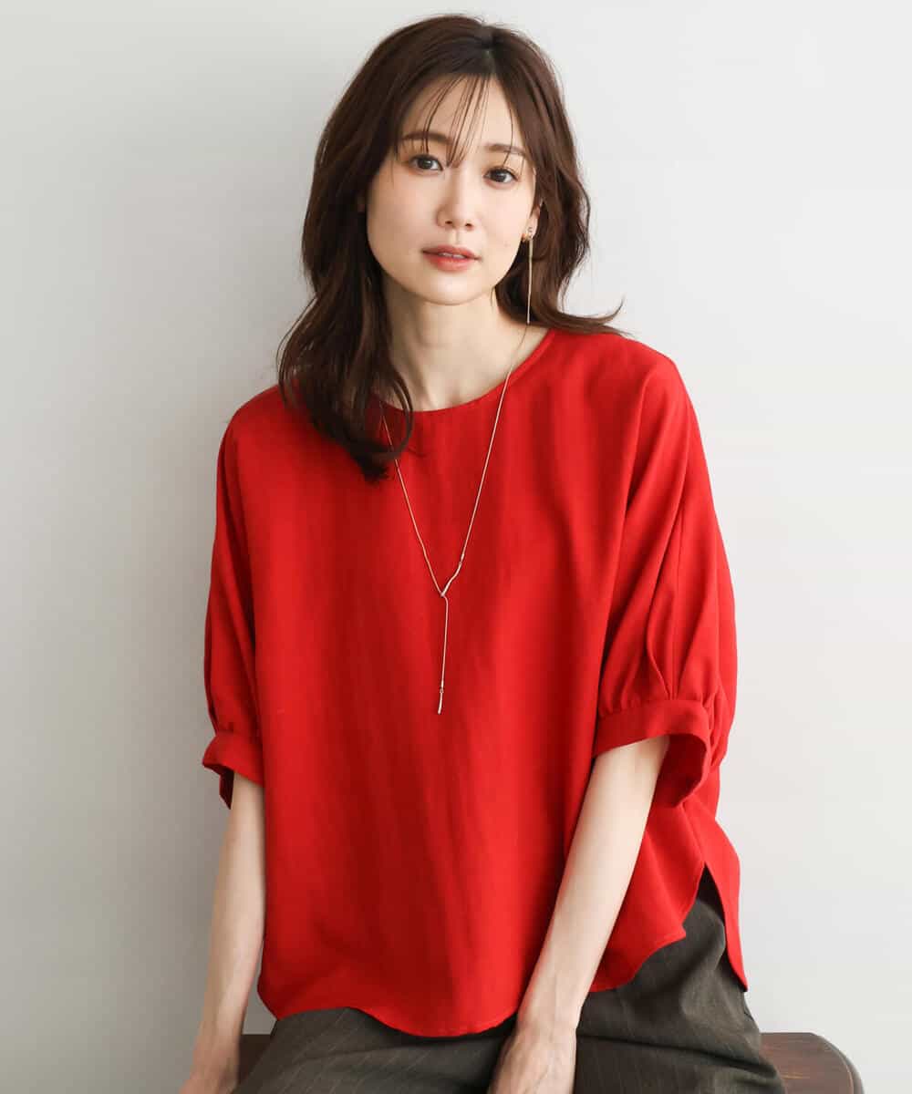 F1BGD55150 MK MICHEL KLEIN(小さいサイズ)(メゾン ドゥ サンク) 【小さいサイズ】[UVカット/接触冷感/洗える]ボリュームスリーブブラウス レッド