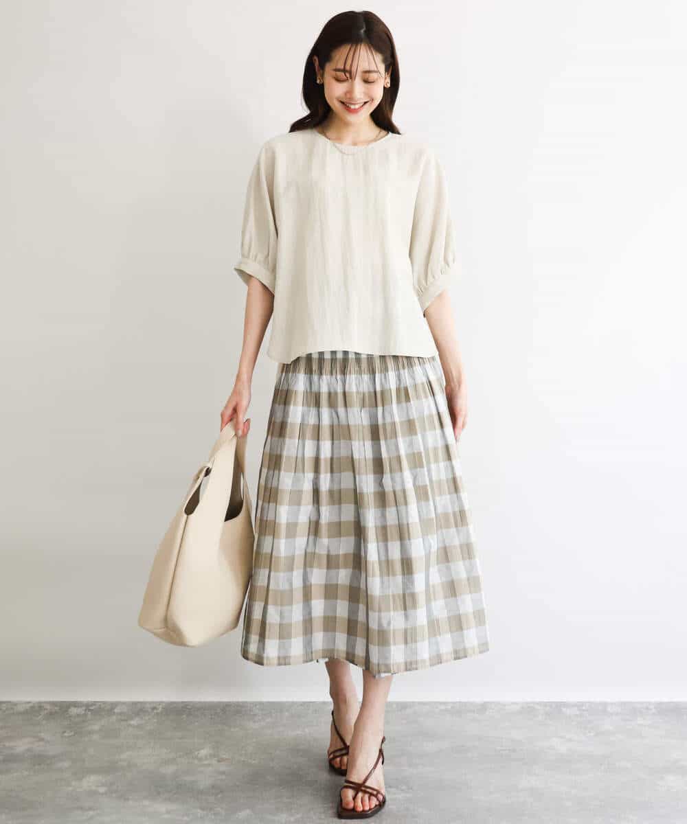 F1BGD55150 MK MICHEL KLEIN(小さいサイズ)(メゾン ドゥ サンク) 【小さいサイズ】[UVカット/接触冷感/洗える]ボリュームスリーブブラウス ベージュ