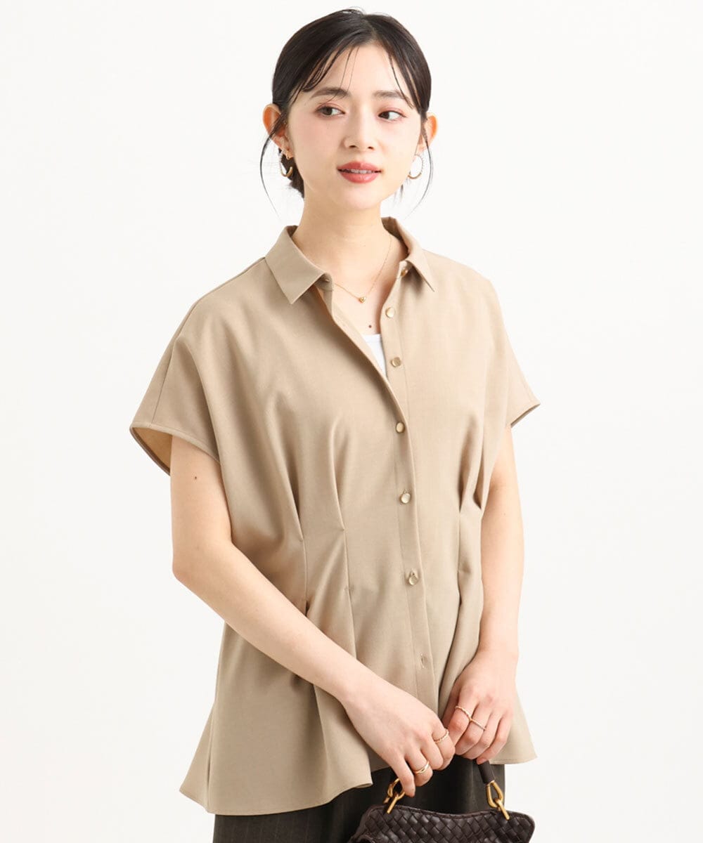F1BGD56160 MK MICHEL KLEIN(小さいサイズ)(メゾン ドゥ サンク) 【小さいサイズ】[洗える]リネンライクストレッチ ウエストタックデザイン襟付きブラウス ベージュ