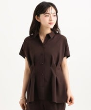 F1BGD56160 MK MICHEL KLEIN(小さいサイズ)(メゾン ドゥ サンク) 【小さいサイズ】[洗える]リネンライクストレッチ ウエストタックデザイン襟付きブラウス ブラウン