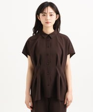 F1BGD56160 MK MICHEL KLEIN(小さいサイズ)(メゾン ドゥ サンク) 【小さいサイズ】[洗える]リネンライクストレッチ ウエストタックデザイン襟付きブラウス ブラウン