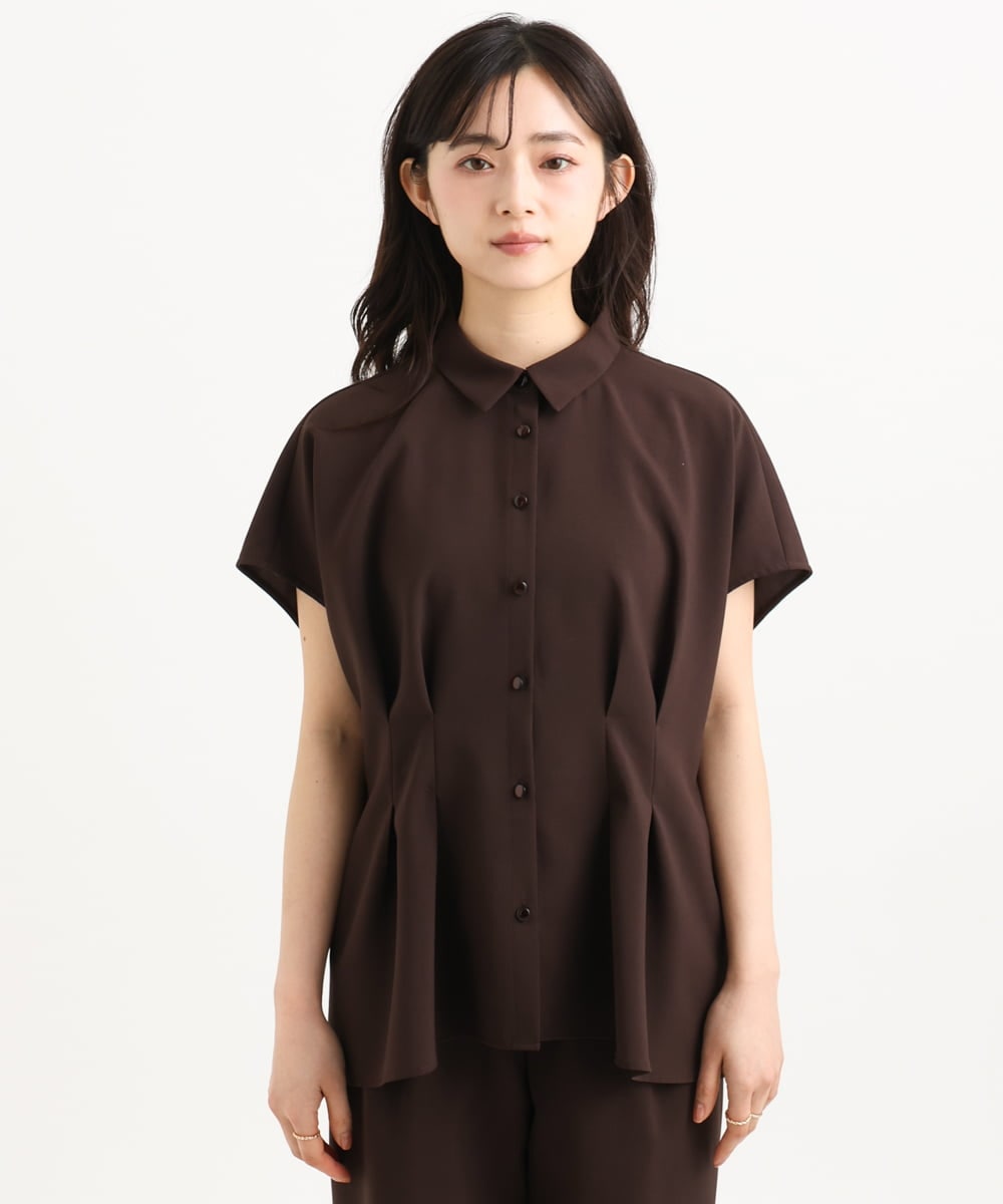 F1BGD56160 MK MICHEL KLEIN(小さいサイズ)(メゾン ドゥ サンク) 【小さいサイズ】[洗える]リネンライクストレッチ ウエストタックデザイン襟付きブラウス ブラウン