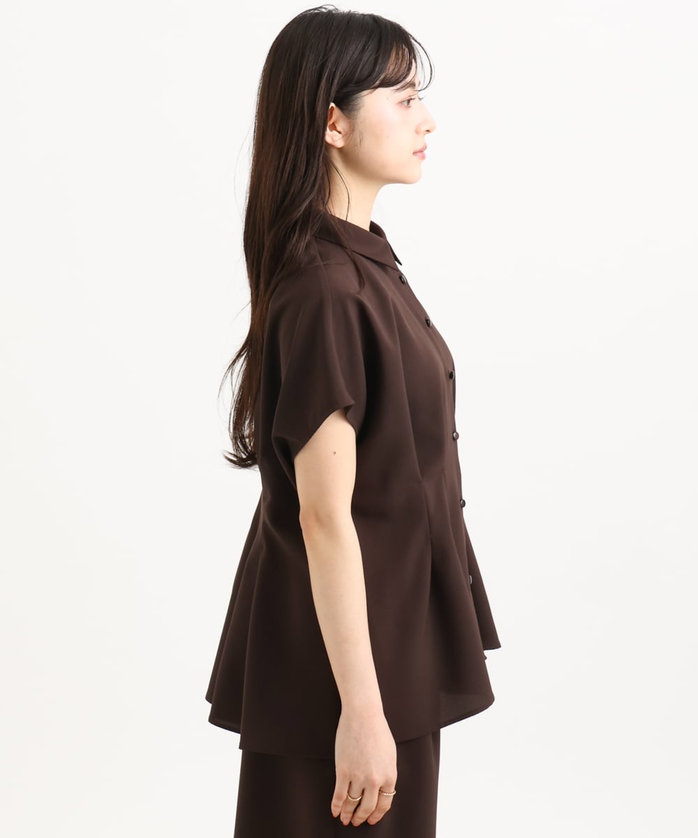 F1BGD56160 MK MICHEL KLEIN(小さいサイズ)(メゾン ドゥ サンク) 【小さいサイズ】[洗える]リネンライクストレッチ ウエストタックデザイン襟付きブラウス ブラウン