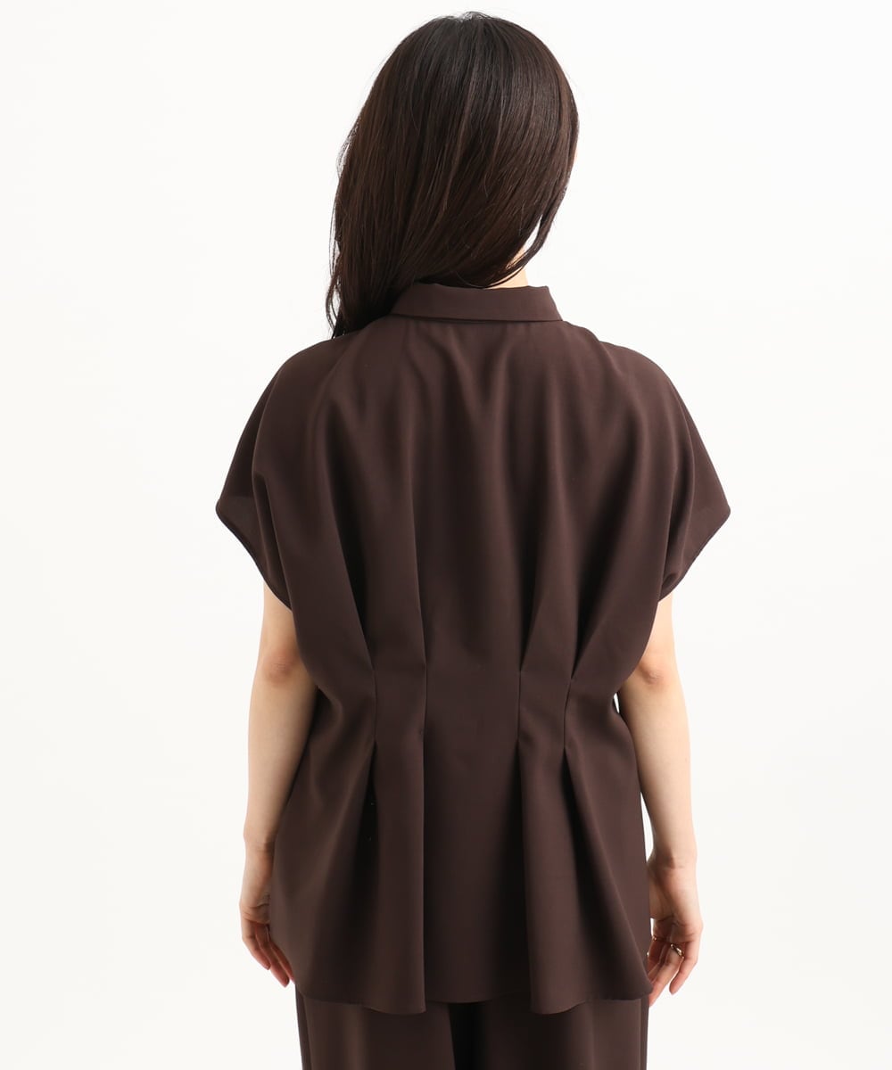 F1BGD56160 MK MICHEL KLEIN(小さいサイズ)(メゾン ドゥ サンク) 【小さいサイズ】[洗える]リネンライクストレッチ ウエストタックデザイン襟付きブラウス ブラウン