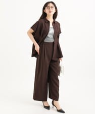 F1BGD56160 MK MICHEL KLEIN(小さいサイズ)(メゾン ドゥ サンク) 【小さいサイズ】[洗える]リネンライクストレッチ ウエストタックデザイン襟付きブラウス ブラウン