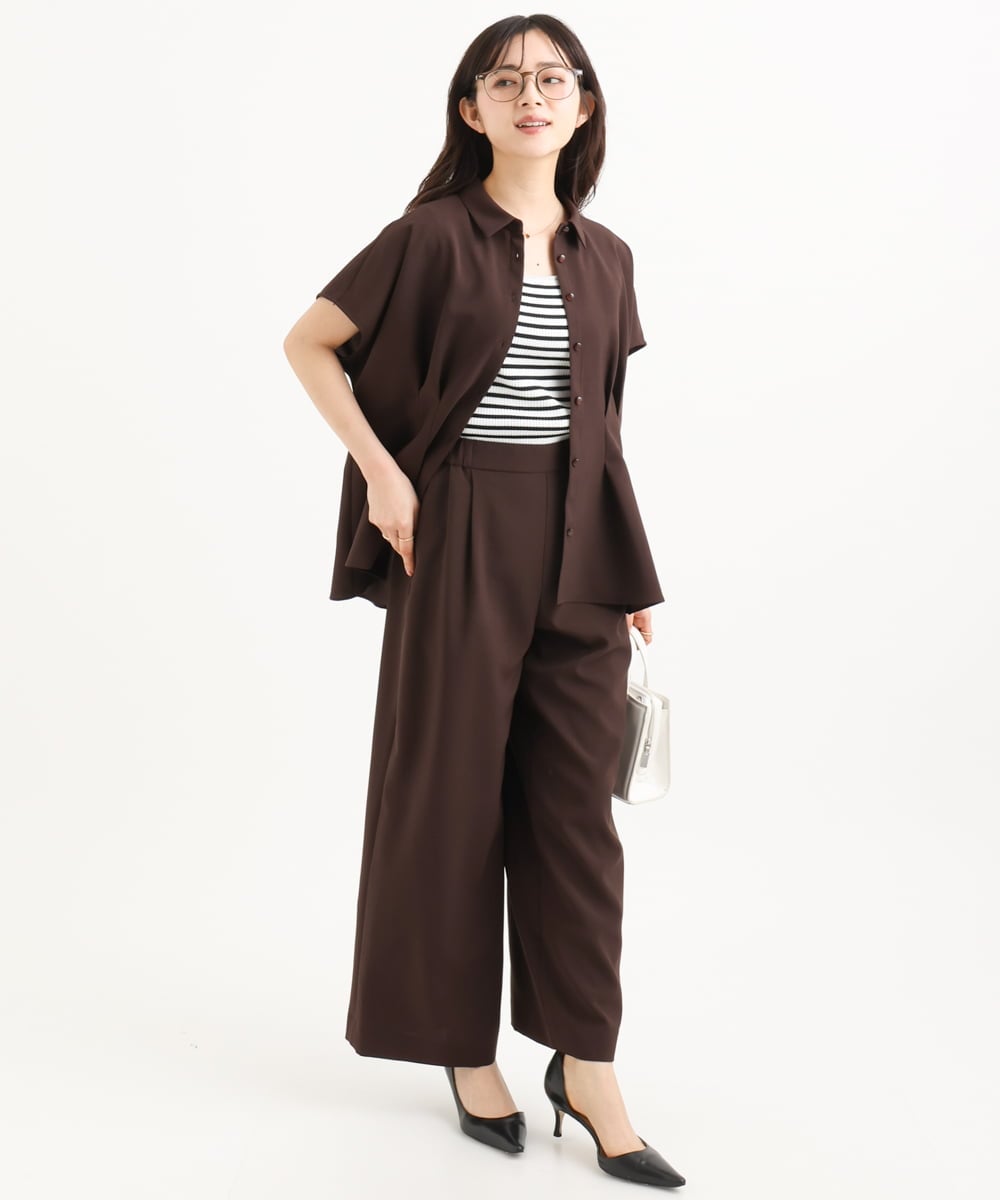 F1BGD56160 MK MICHEL KLEIN(小さいサイズ)(メゾン ドゥ サンク) 【小さいサイズ】[洗える]リネンライクストレッチ ウエストタックデザイン襟付きブラウス ブラウン