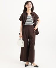 F1BGD56160 MK MICHEL KLEIN(小さいサイズ)(メゾン ドゥ サンク) 【小さいサイズ】[洗える]リネンライクストレッチ ウエストタックデザイン襟付きブラウス ブラウン
