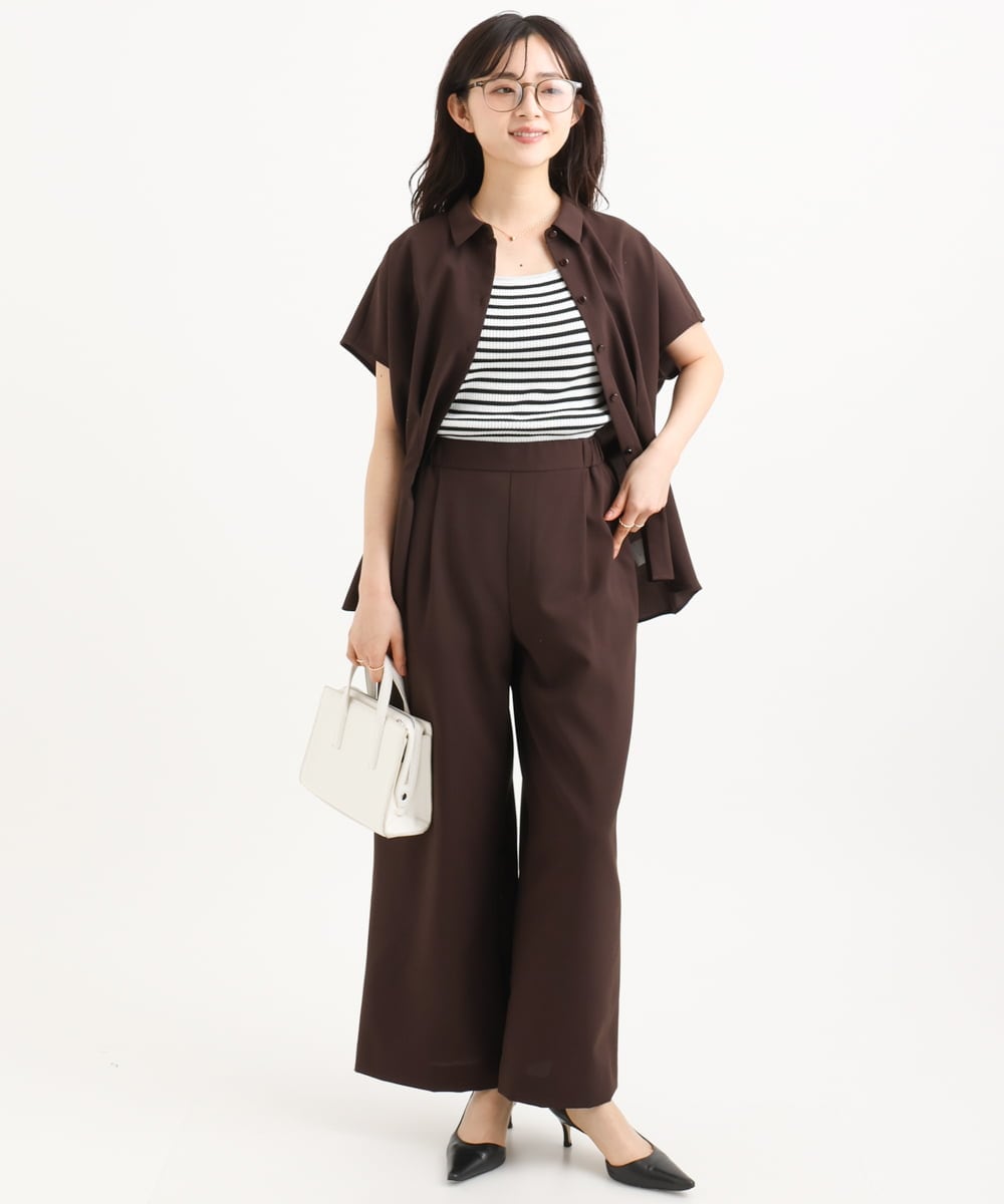 F1BGD56160 MK MICHEL KLEIN(小さいサイズ)(メゾン ドゥ サンク) 【小さいサイズ】[洗える]リネンライクストレッチ ウエストタックデザイン襟付きブラウス ブラウン