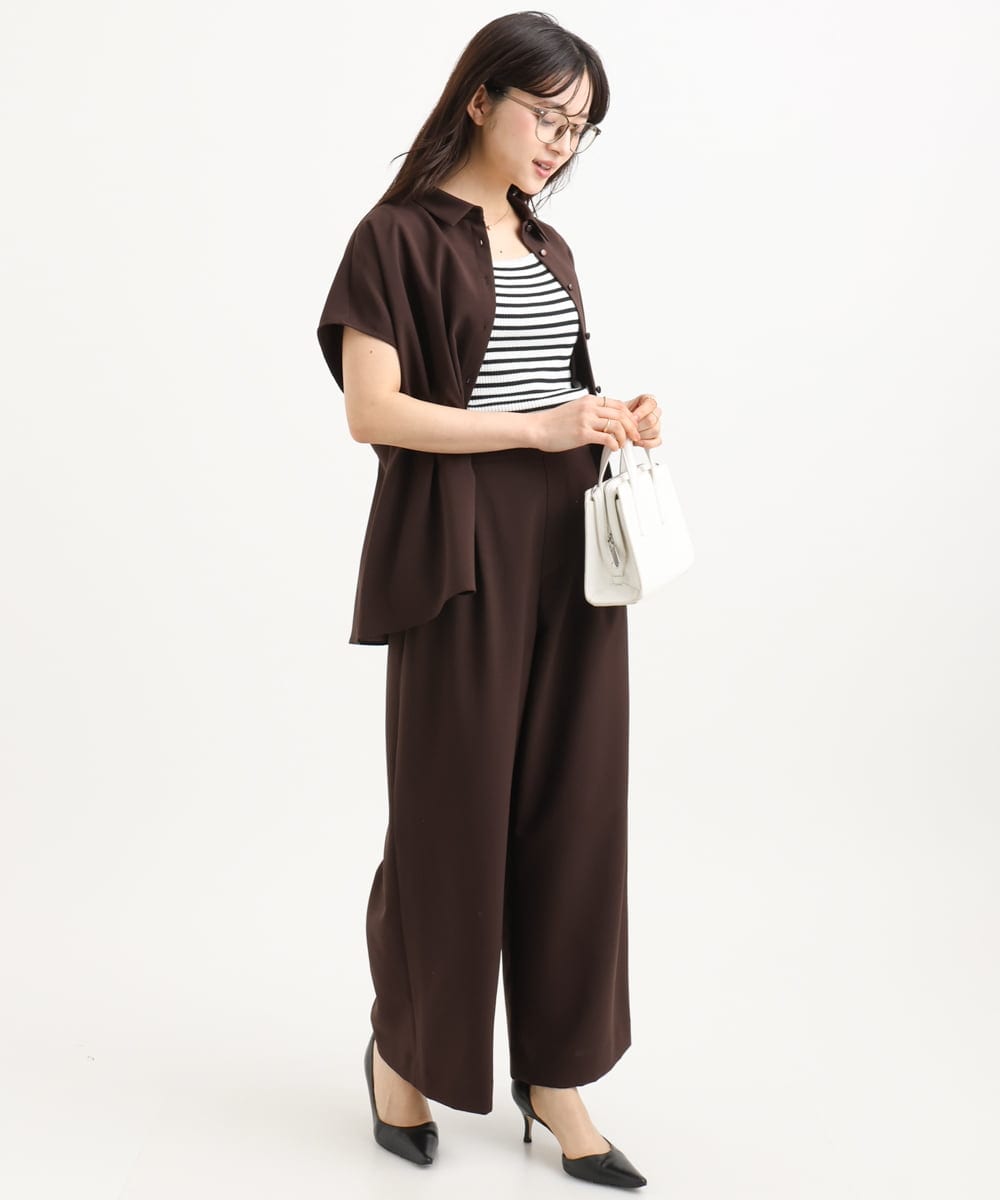 F1BGD56160 MK MICHEL KLEIN(小さいサイズ)(メゾン ドゥ サンク) 【小さいサイズ】[洗える]リネンライクストレッチ ウエストタックデザイン襟付きブラウス ブラウン