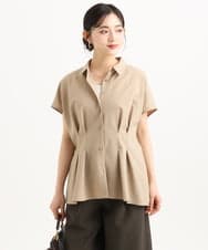 F1BGD56160 MK MICHEL KLEIN(小さいサイズ)(メゾン ドゥ サンク) 【小さいサイズ】[洗える]リネンライクストレッチ ウエストタックデザイン襟付きブラウス ブラウン