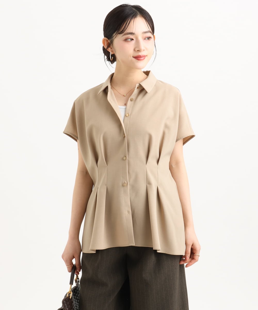 F1BGD56160 MK MICHEL KLEIN(小さいサイズ)(メゾン ドゥ サンク) 【小さいサイズ】[洗える]リネンライクストレッチ ウエストタックデザイン襟付きブラウス ブラウン