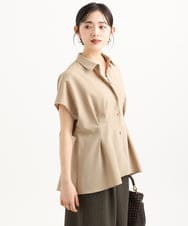 F1BGD56160 MK MICHEL KLEIN(小さいサイズ)(メゾン ドゥ サンク) 【小さいサイズ】[洗える]リネンライクストレッチ ウエストタックデザイン襟付きブラウス ブラウン